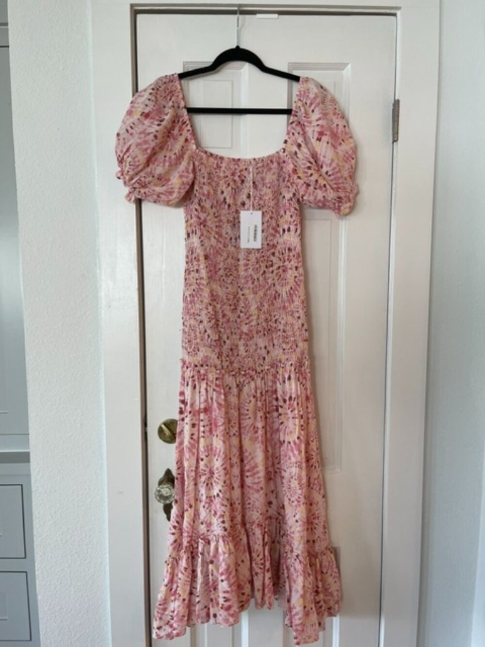 MICA Pink Tie Dye Gemma Smocked Puff Sleeve Tiered Maxi Dress Medium NWT $380